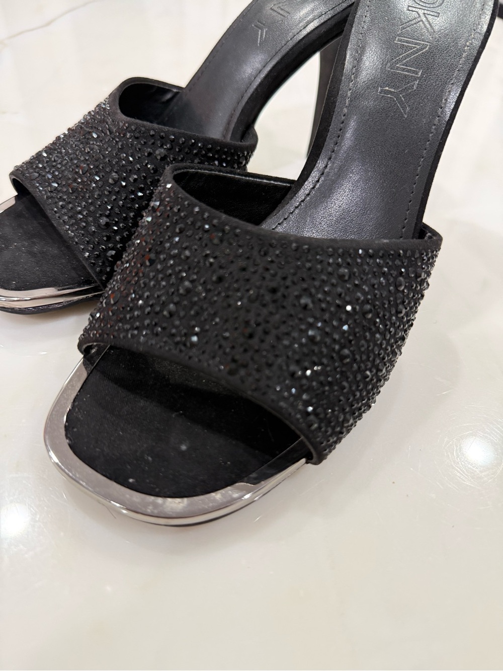DKNY Black and Chrome Open Toe Sparkle Slip On Heels - Picture 2 of 5